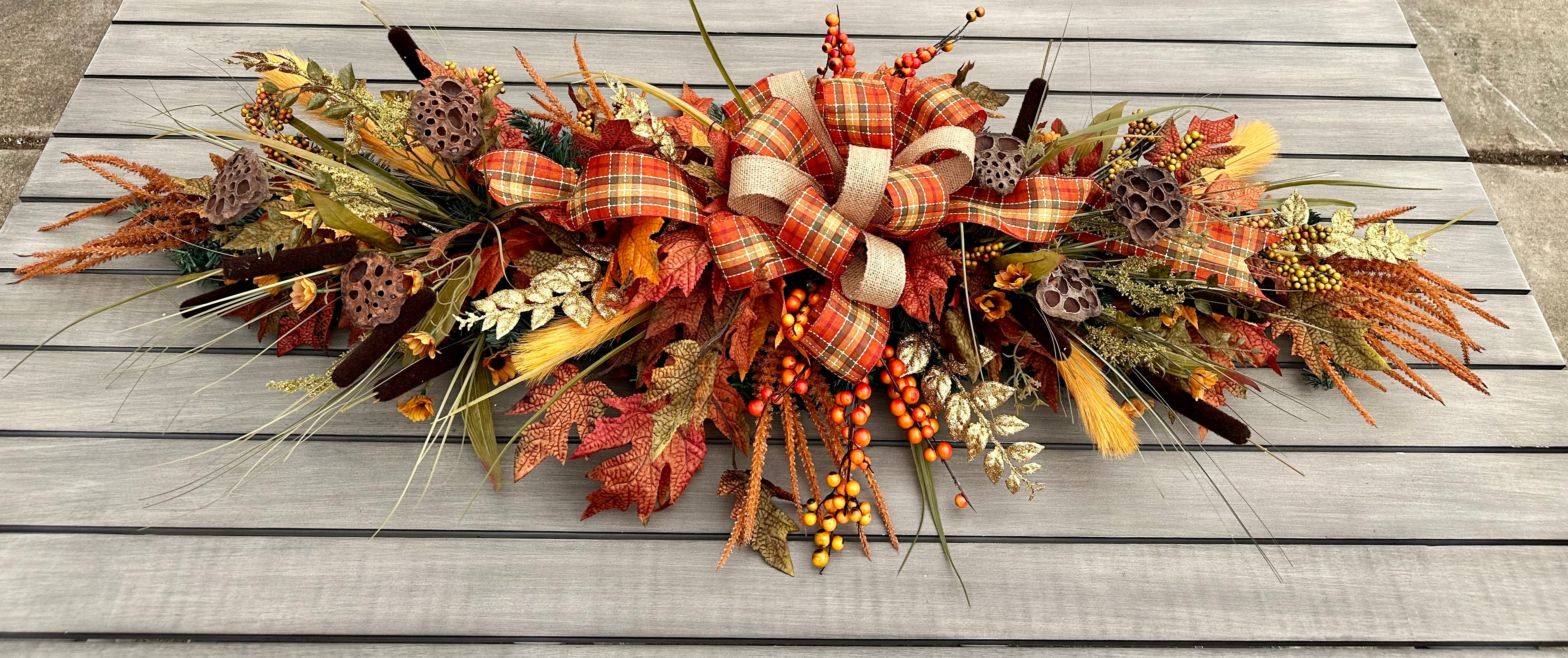 Burnt orange and ivory gingham wired ribbon, 1.5 - Greenery Market