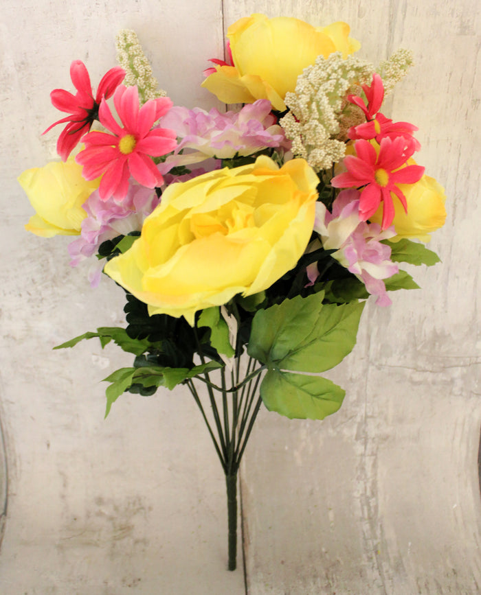 21" Yellow & Pink Peony, Zinnia and Daisy Bush