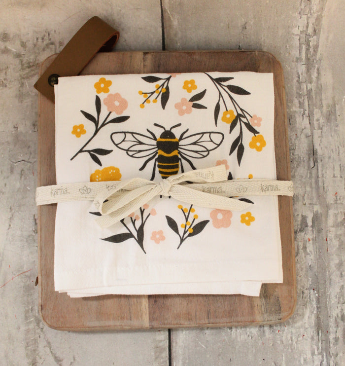 Decorative Bee Tea Towel with Wood Trivet