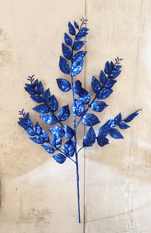 20" Royal Blue Glitter Fern Spray