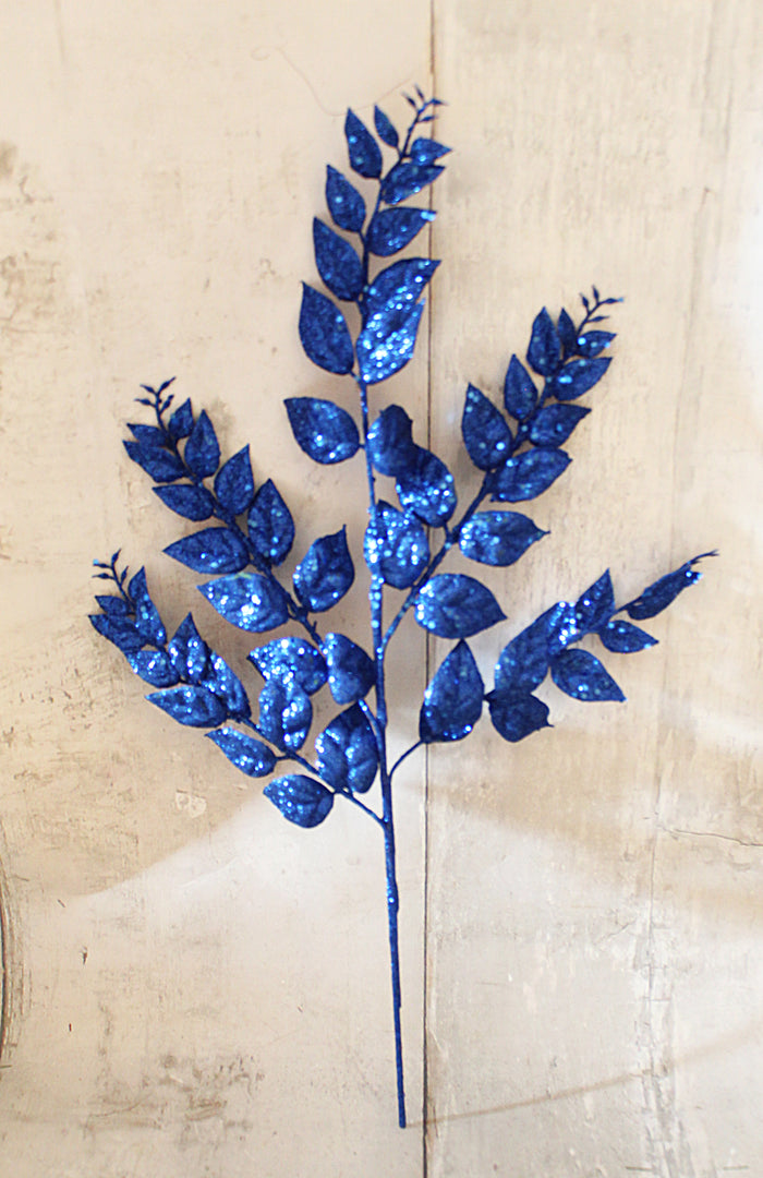 20" Royal Blue Glitter Fern Spray