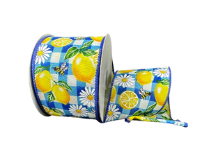 2.5" Lemon & Daisies Blue Plaid Ribbon