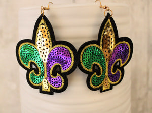 3.5" Mardi Gras Fleur de Lis Sequin Earrings