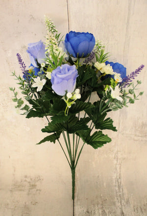 18" Blue Peony & Rose Floral Bush