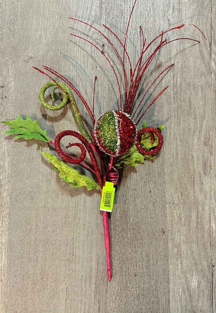 13" Red & Lime Green Glitter Curly Ball Pick