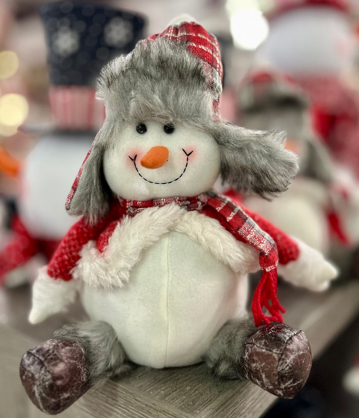 11" Sitting Red & Grey Snowman