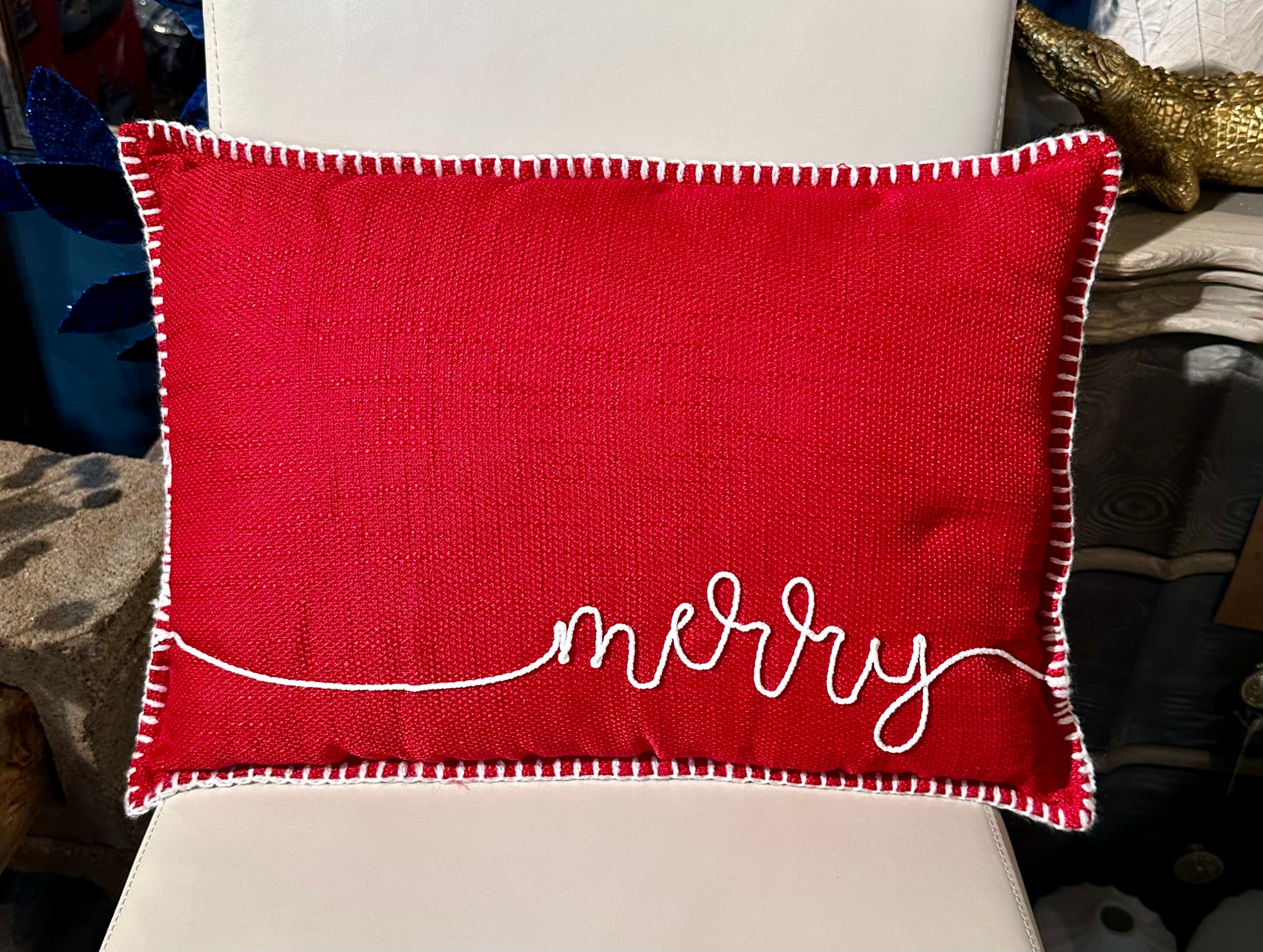 Homey Cozy Merry Christmas Holiday Oversized Fabric Pillow with Insert in  Red