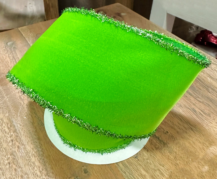 2.5" Lime Green Velvet Ribbon with Tinsel Trim