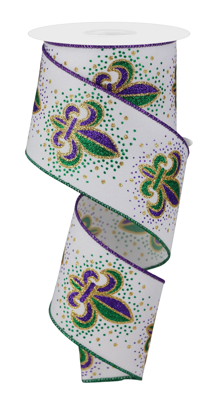 2.5" White Mardi Gras Fleur de Lis Ribbon