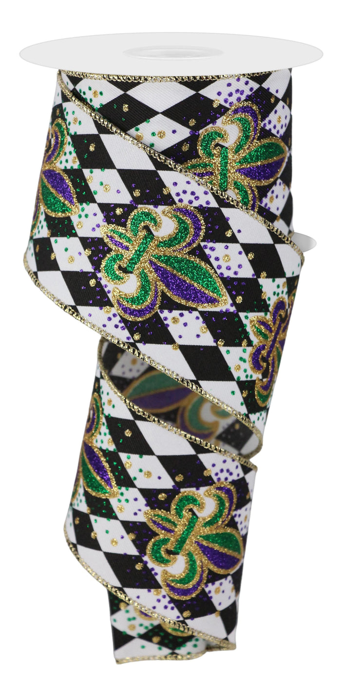 2.5" Mardi Gras Harlequin Fleur de Lis Ribbon