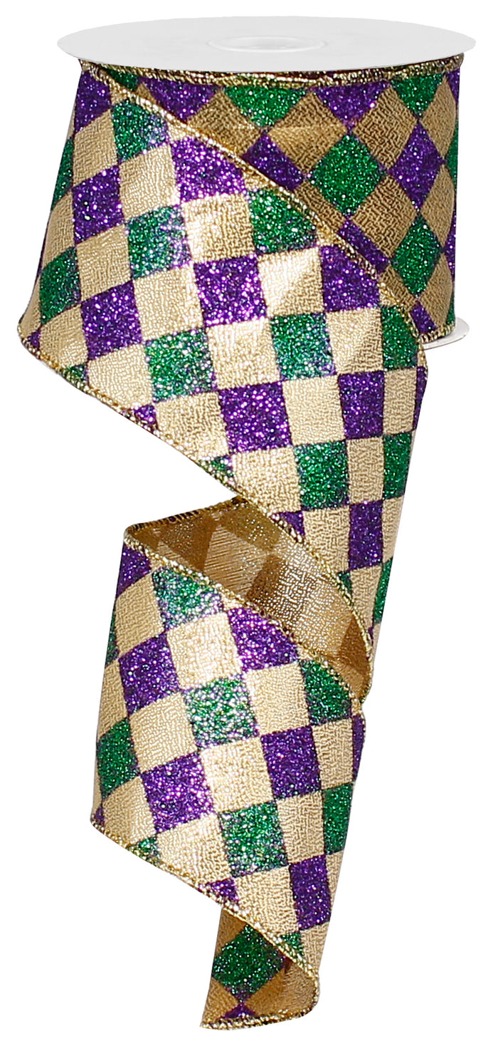 2.5" Mardi Gras Glitter Diamond Check Ribbon