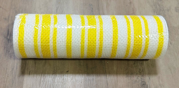 10" Yellow & White Striped Deco Mesh