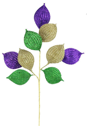 29" Mardi Gras Glittered Leaf Spray