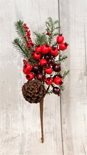 12" Red Berry Mixed Pine Christmas Floral Pick