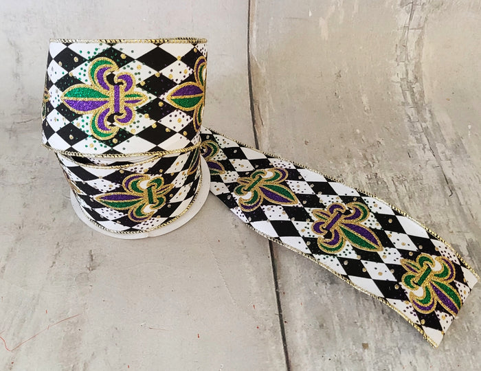 2.5" Mardi Gras Harlequin Fleur de Lis Ribbon